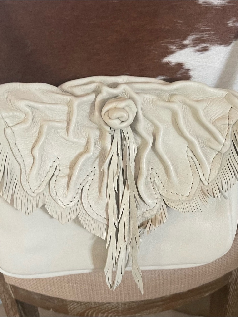 Fringe Leather Deer Skin Crossbody Bag Latte. Artist Vickie Love